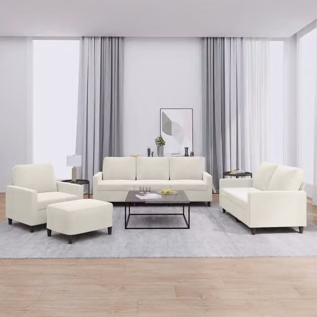 Set di divani moderno vidaXL in velluto beige composto da divano a 3 posti, divano a 2 posti, pouf e cuscini per il tuo soggiorno