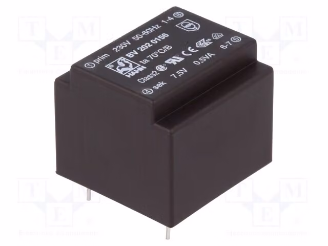 1 trasformatore: rivestito, 230 VAC, 0,5 VA, 67 mA, 7,5 V. Montaggio: BV 202 0156 - Trasformatore