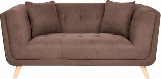 Divano a 2 posti in tessuto con cuscini decorativi, gambe in legno e trapuntatura decorativa, stile retrò marrone scuro
