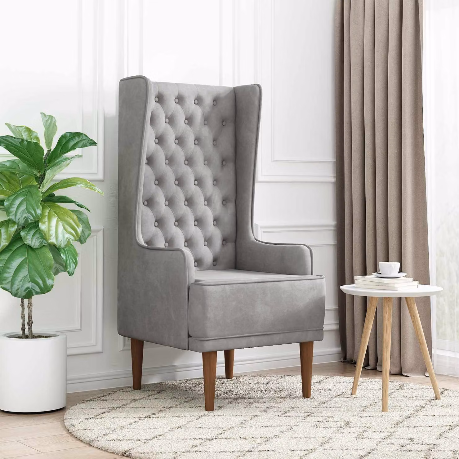 Sedia Chesterfield vidaXL in velluto Grigio con schienale alto trapuntato a bottoni e struttura in legno