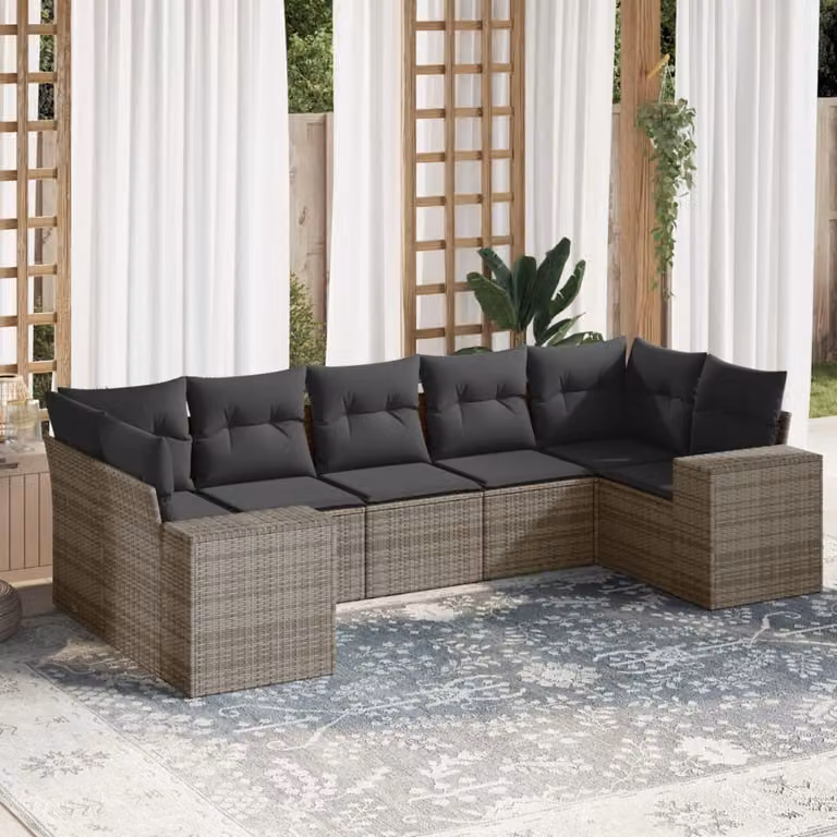 Set di divani da giardino vidaXL in polyrattan grigio con cuscini, forma a L, 7 pezzi