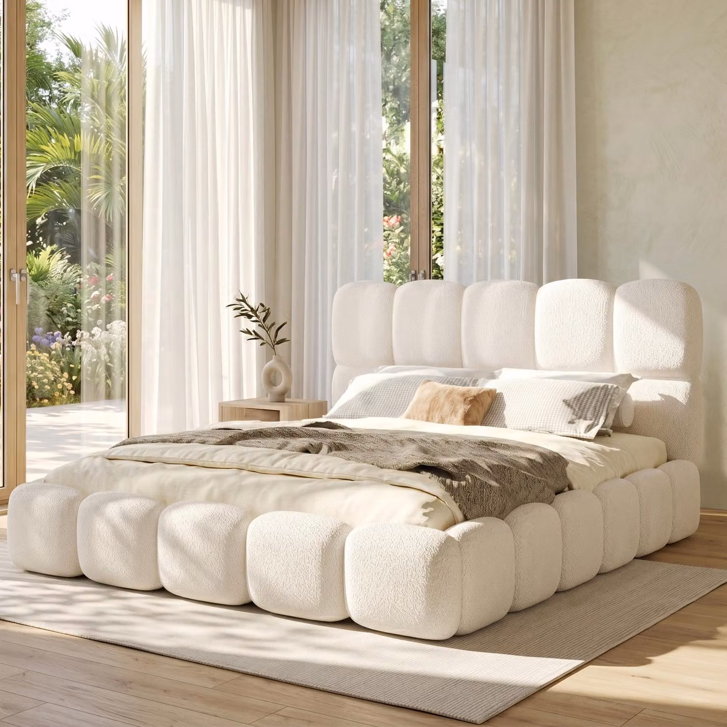 Letto imbottito Flieks 160x200 cm con testiera imbottita, letto matrimoniale per ragazzi con rete a doghe, letto classico in legno Bouclé, bianco