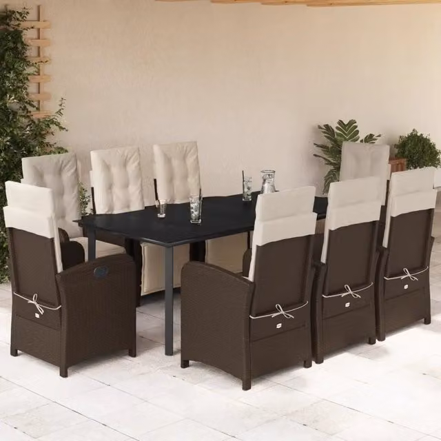 Set da pranzo da giardino vidaXL in polyrattan marrone con 9 pezzi e cuscini