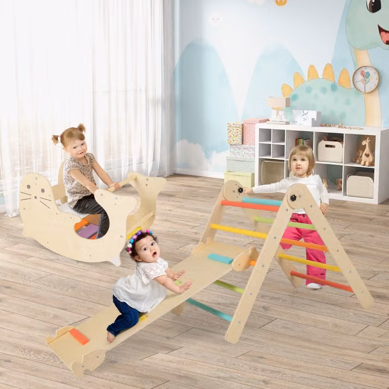 Set di arrampicata 3-in-1 Costway per bambini in legno con scivolo reversibile e dondolo, pieghevole, multicolore