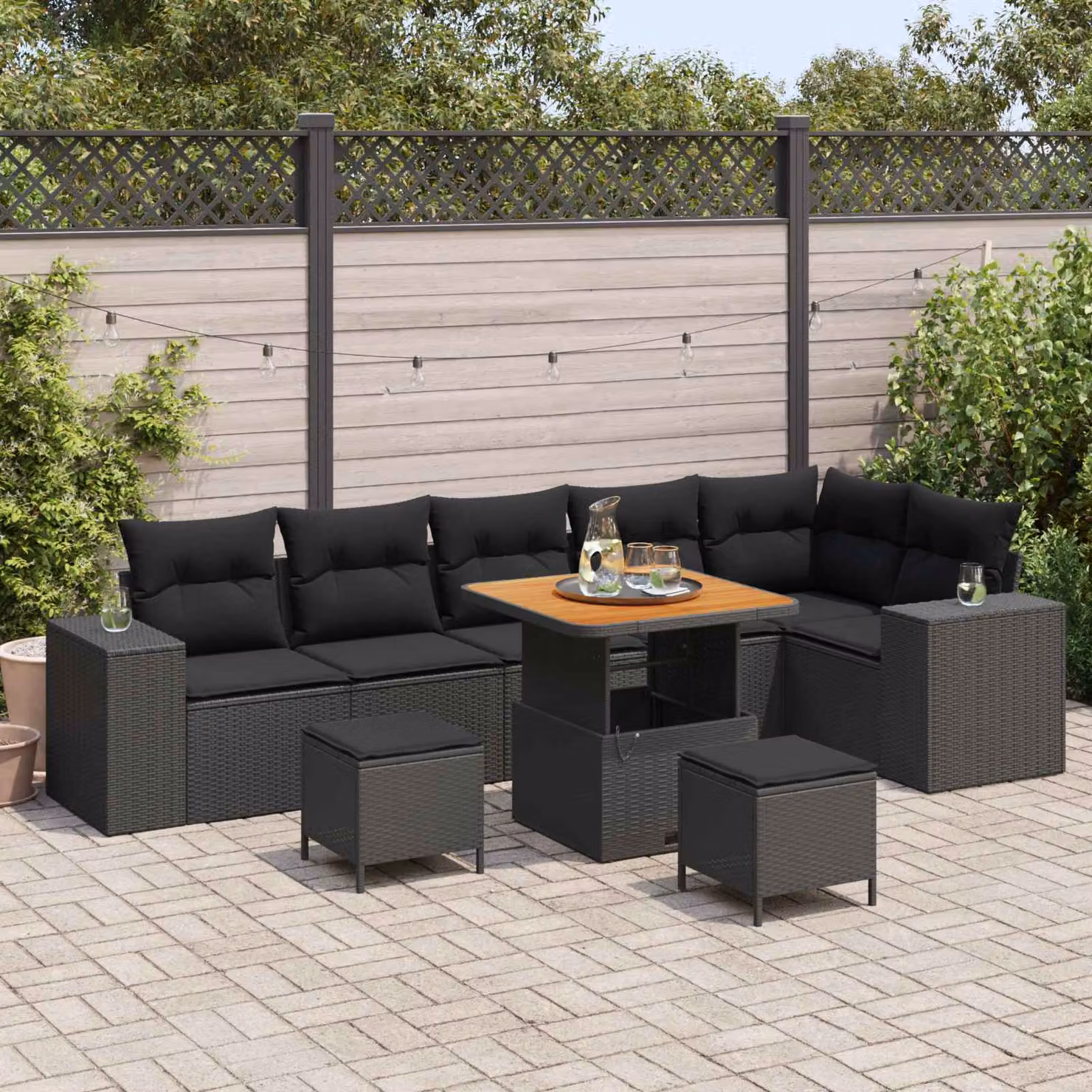 Set Divano da Giardino vidaXL 9 Pezzi Nero con Cuscini e Tavolino da Esterno – 1