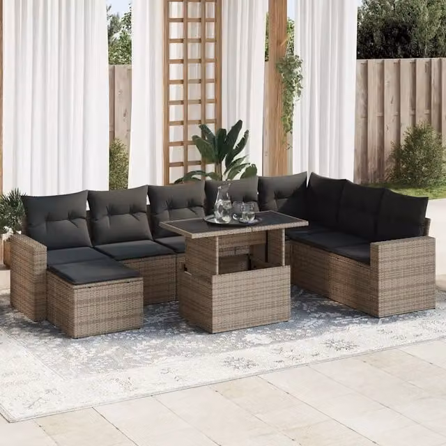 Set Divano da Giardino 9 pz con Cuscini Grigio in Polyrattan 3326371