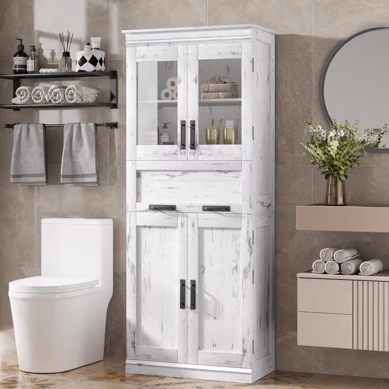 Armadio alto, 5 ripiani, 2 ante, ante in vetro, ripiani regolabili, colore bianco anticato, dimensioni 67x31x170 cm