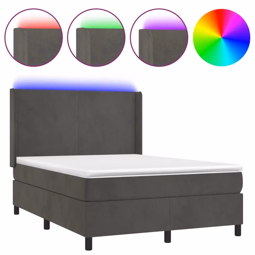 Letto Ibrido con Materasso vidaXL in Velluto Grigio con Illuminazione LED e Porte USB L/P/H: 140 x 190 x 128 cm – 2
