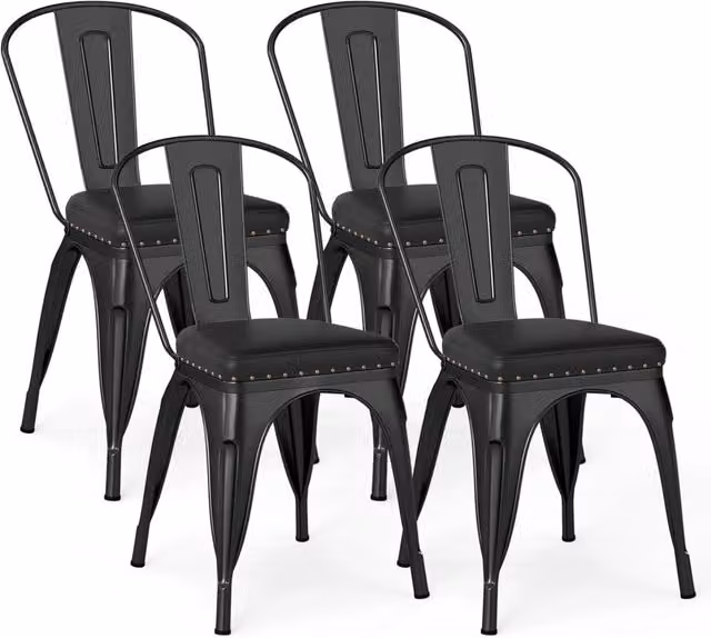 Set di 4 sgabelli da cucina impilabili Costway in metallo con sedile imbottito in finta pelle e schienale rimovibile, colore nero, L: 53 cm, P: 44 cm, H: 84 cm – 1