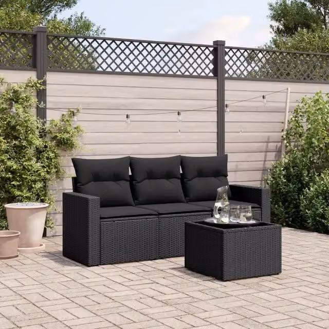 Set Divani da Giardino 4 pz con Cuscini Nero in Polyrattan 3251002