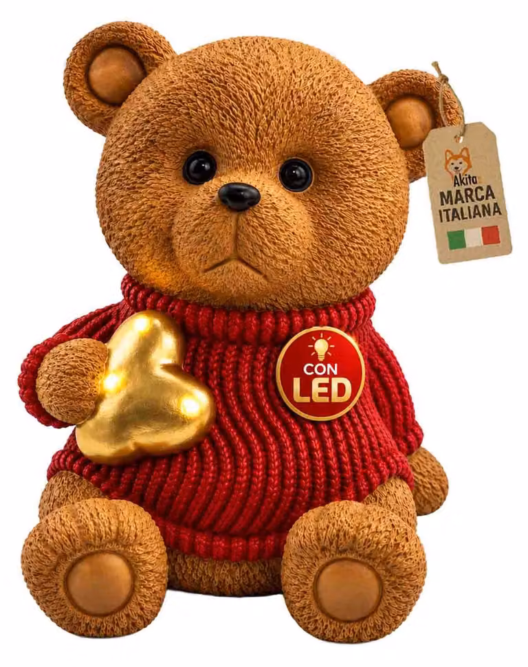 Akitaink Orsetto Natalizio con Cuore in Resina con LED 24x29 cm