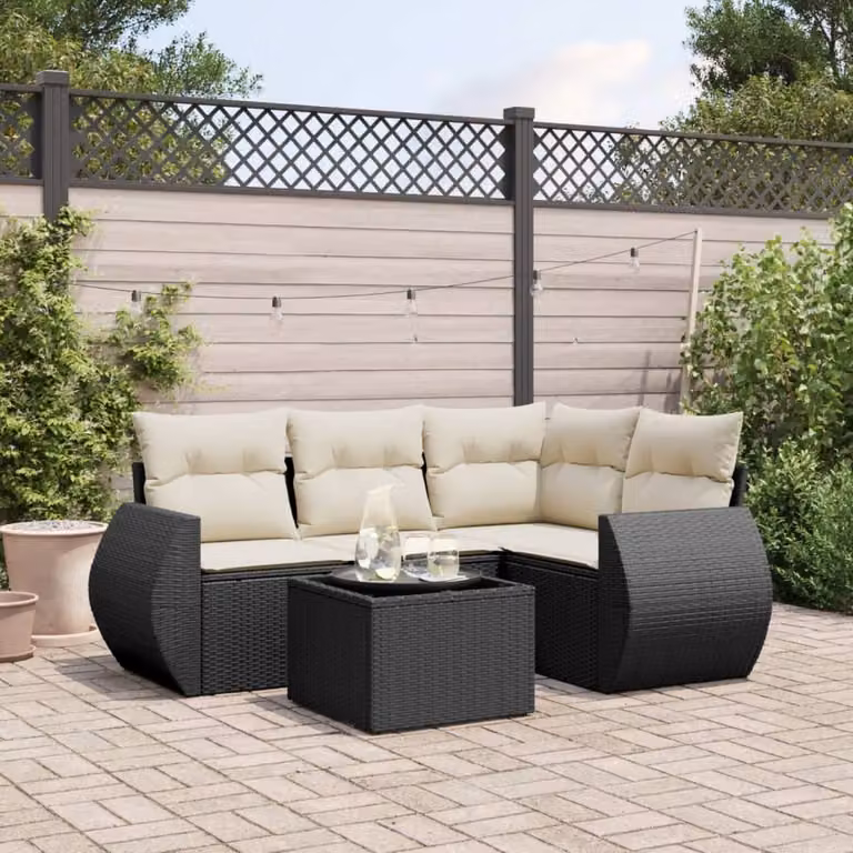 Set Divani da Giardino L-Shape vidaXL 5 Pezzi con Cuscini e Tavolino in Polyrattan Nero e Bianco