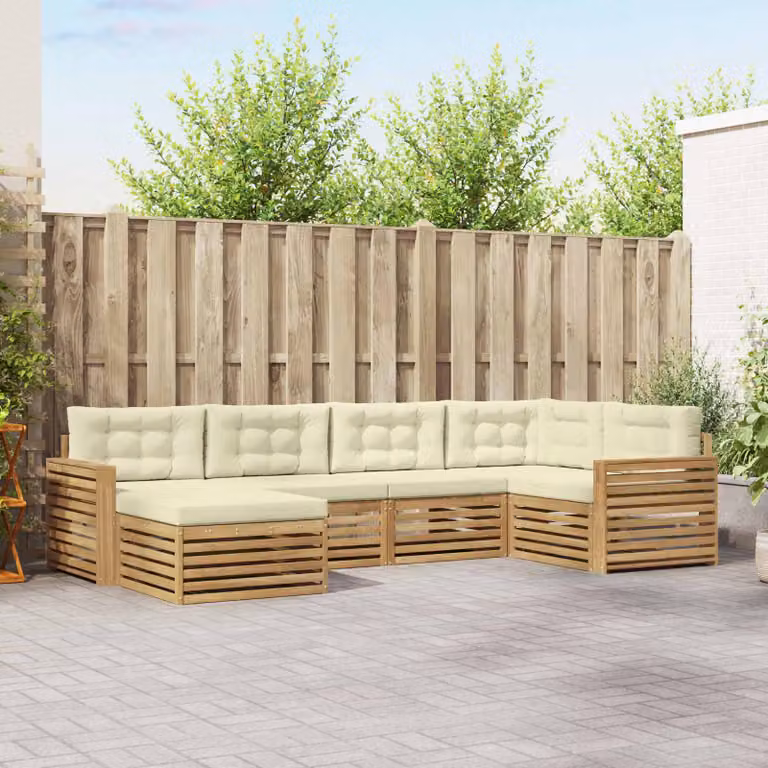 Set di divani da esterno vidaXL a forma di L composto da 6 pezzi in legno di acacia con cuscini bianchi e beige