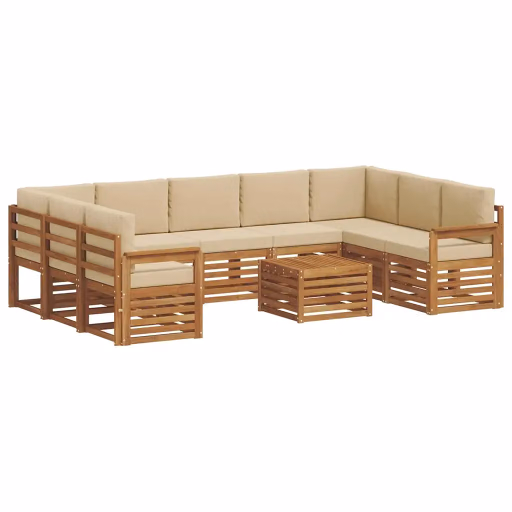 Set di divani da esterno a L con tavolino vidaXL in legno di acacia, colore beige e marrone, composto da 10 pezzi con cuscini inclusi – 2