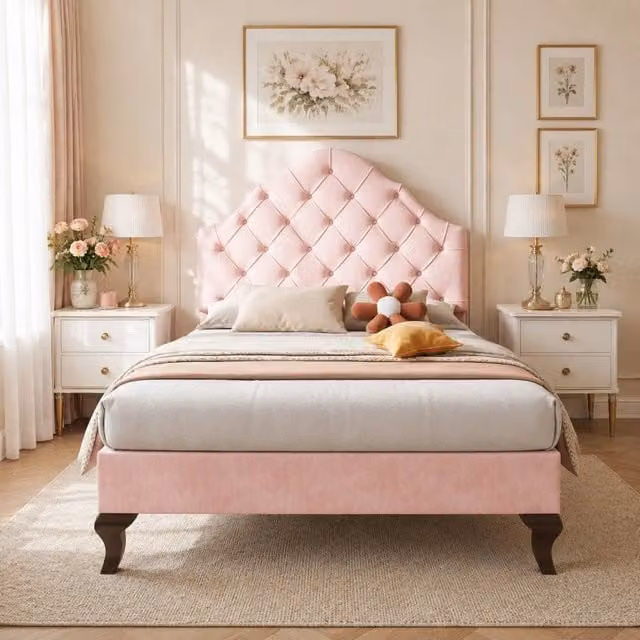 Letto singolo 90x200 cm in velluto rosa con testiera regolabile e rete a doghe