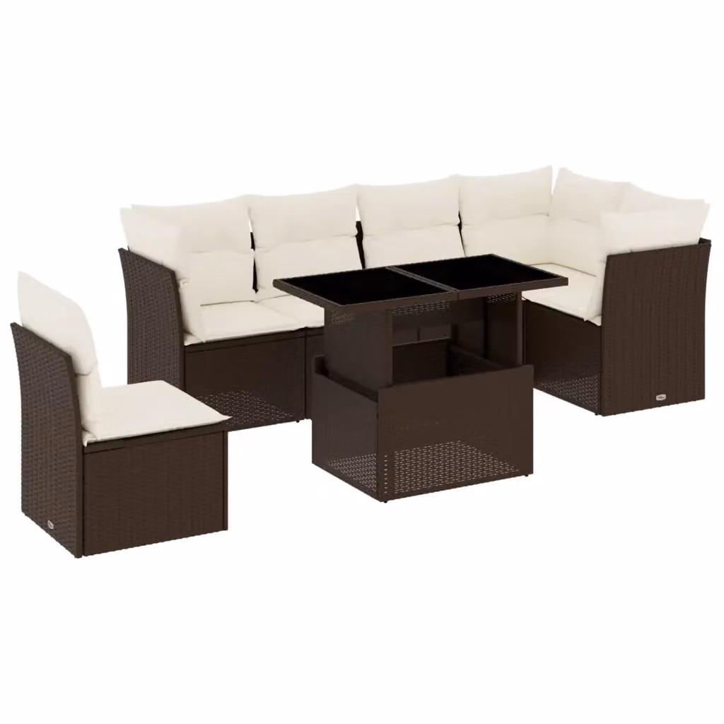 Set di divani da giardino vidaXL 7 pezzi con cuscini marroni e bianchi in rattan e acciaio con tavolino da esterno e configurazione a L con orientamento a sinistra – 2