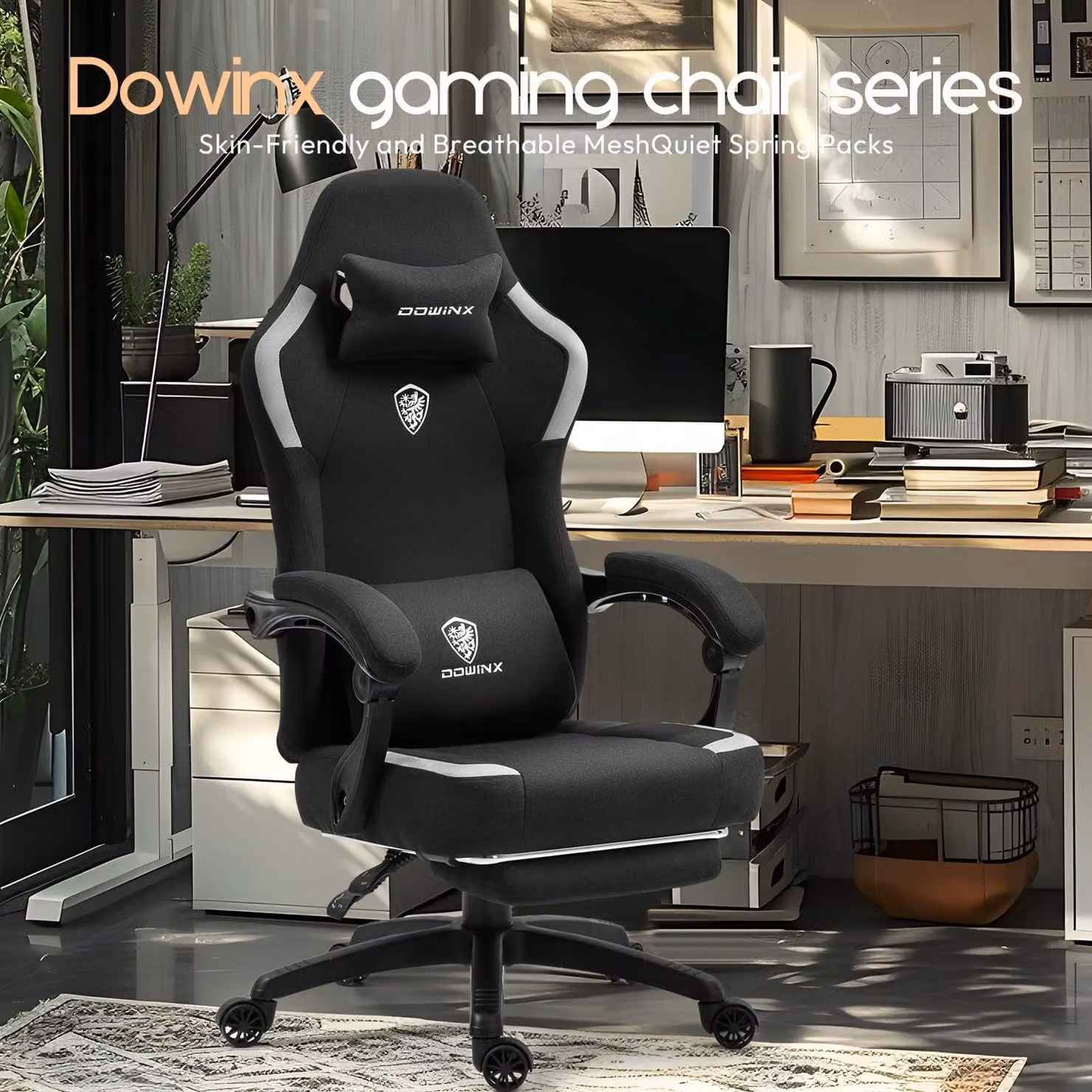 Sedia da gaming ergonomica con supporto lombare, poggiapiedi e cuscini confortevoli