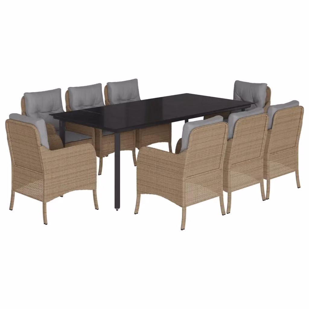 Set da pranzo da giardino vidaXL in polyrattan con cuscini beige e piano in vetro, 9 pezzi – 2