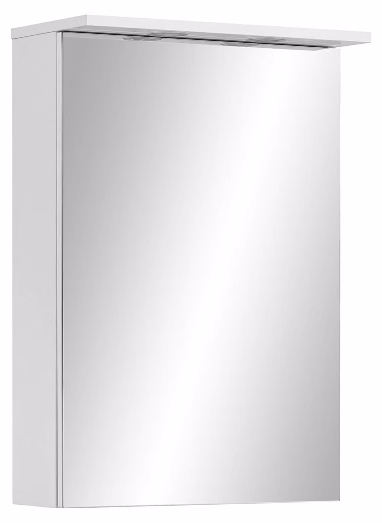 Specchio con armadietto, dimensioni 72,3 x 50,4 x 16 cm, 1 anta, 2 ripiani in vetro, illuminazione LED, colore bianco