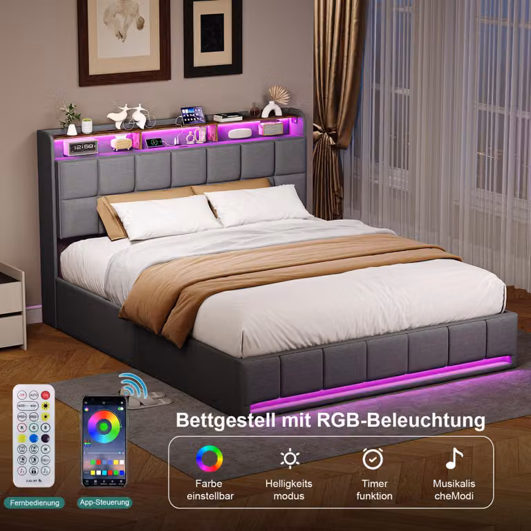 Letto imbottito 160x200 cm con vano portaoggetti idraulico, illuminazione a LED e ricarica USB/Type-C, grigio lino