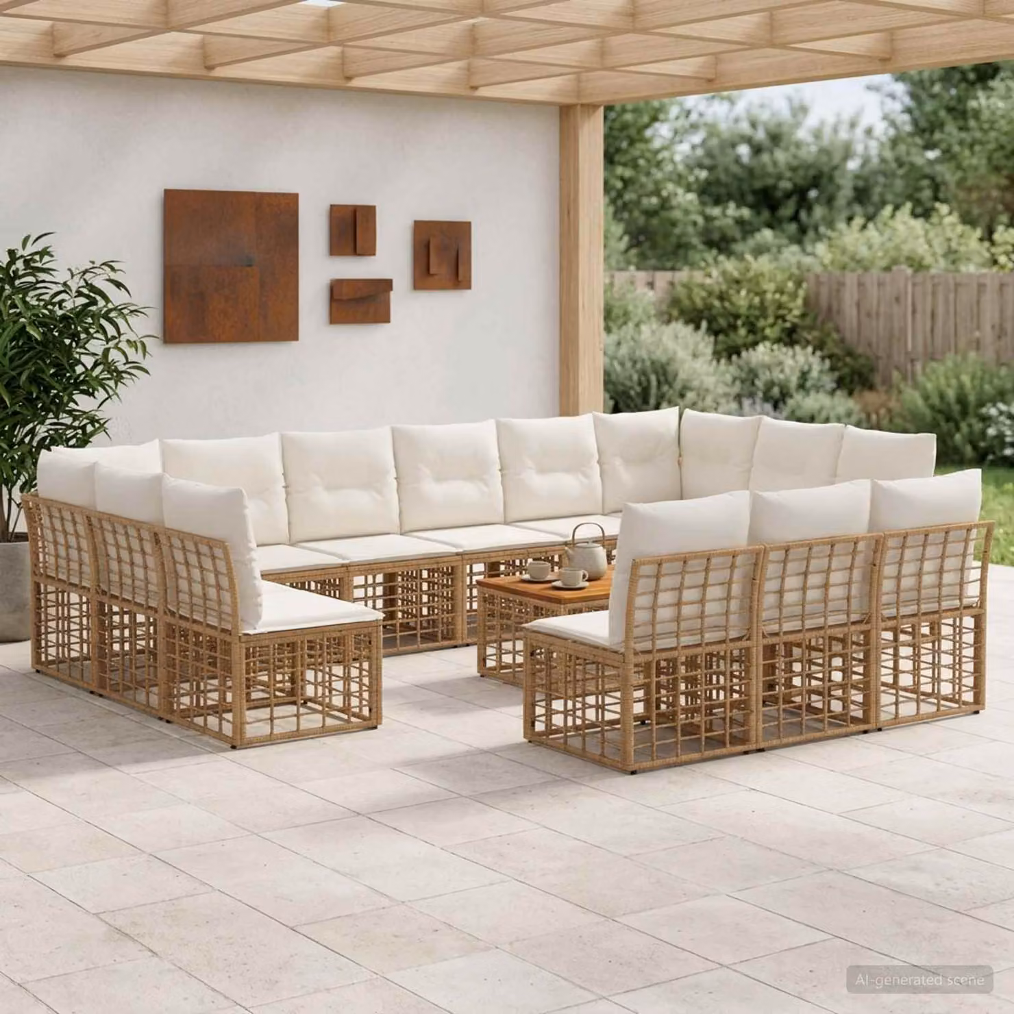 Set di divani da esterno vidaXL 14 pezzi per 13 persone con struttura in metallo e cuscini beige e bianco crema