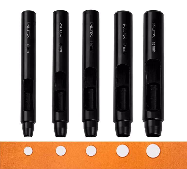 Set di punzoni circolari, 5 pezzi, per la creazione di fori in cinturini per orologi e guarnizioni in pelle, diametri: 6, 8, 10, 12 e 15 mm, colore nero