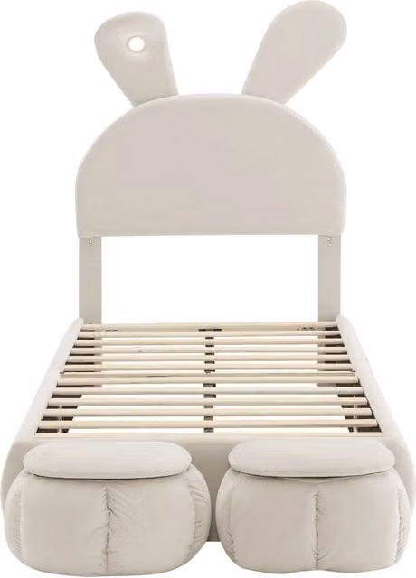 Letto singolo imbottito in velluto beige con orecchie a coniglio e luce LED regolabile, 90x200 cm, con 2 pouf contenitori