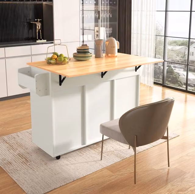 Carrello da cucina con piano ribaltabile; 3 cassetti; ruote e ripiani regolabili; MDF bianco; 139 x 46/71 x 91;5 cm
