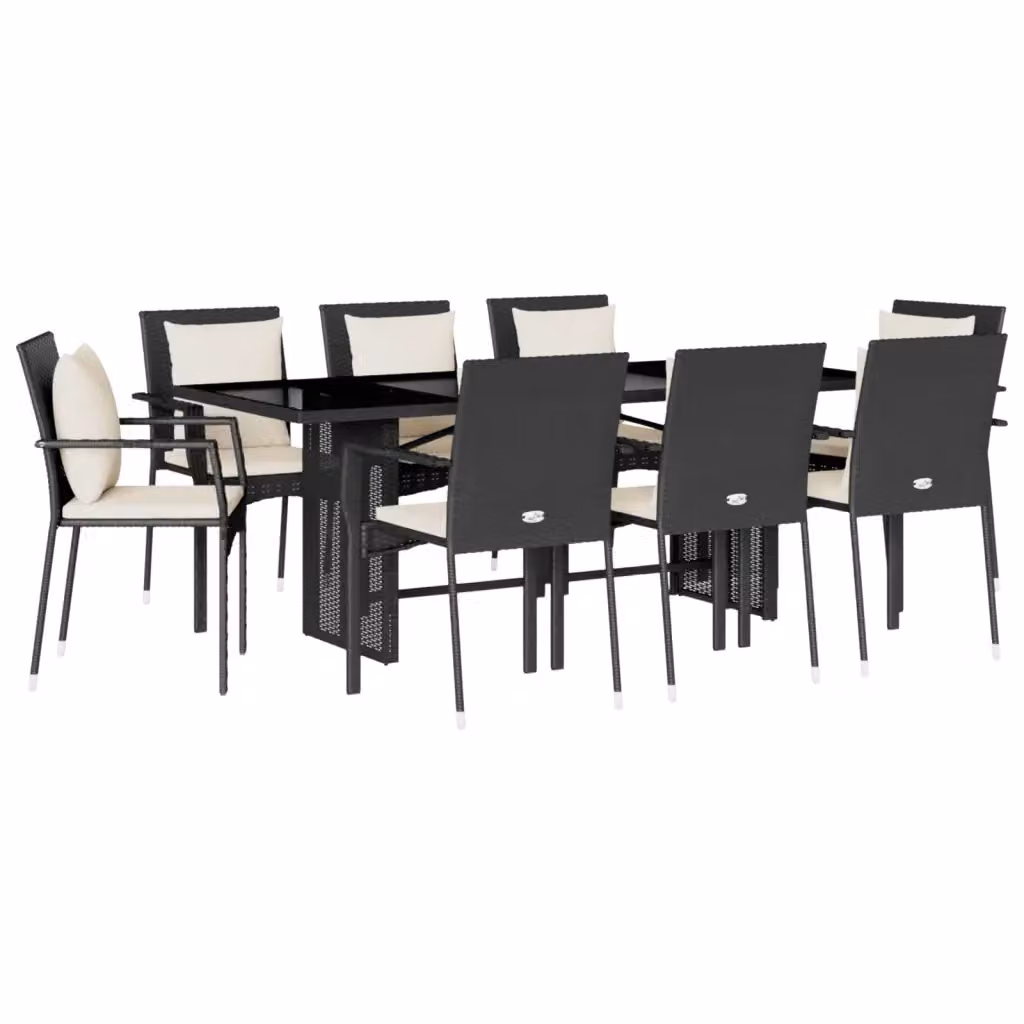 Set da Pranzo da Giardino 9 pz vidaXL in Polyrattan Nero con Cuscini e Tavolo in Vetro – 2