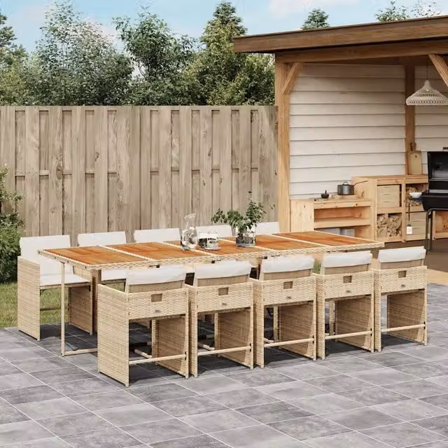 Set da pranzo da giardino vidaXL in polyrattan con cuscini beige e tavolo in legno di acacia, 11 pezzi – 1