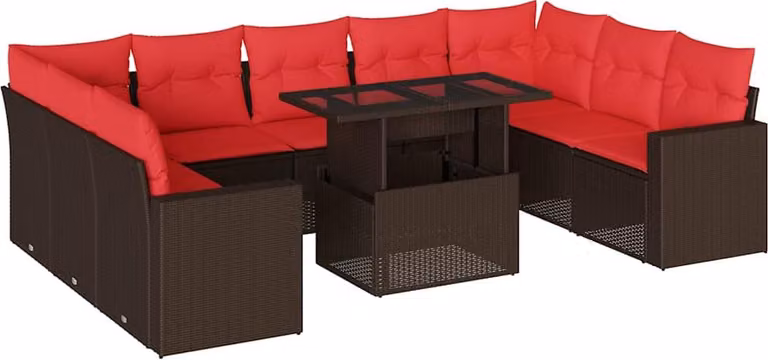 Set Divani da Giardino 10 pz con Cuscini Marrone in Polyrattan