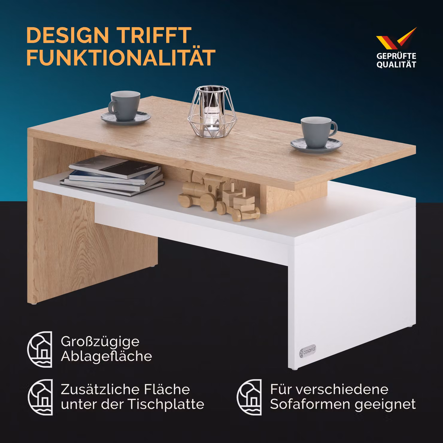 Tavolino Sacramento CASARIA bianco e quercia con meccanismo sollevabile L: 95 cm, P: 55 cm, H: 50 cm – 2