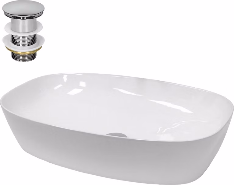 Lavabo LuxeBath Lavabo da appoggio ovale, 60,5x38x14 cm, bianco, in Vetroceramica, incl. set di scarico senza troppopieno