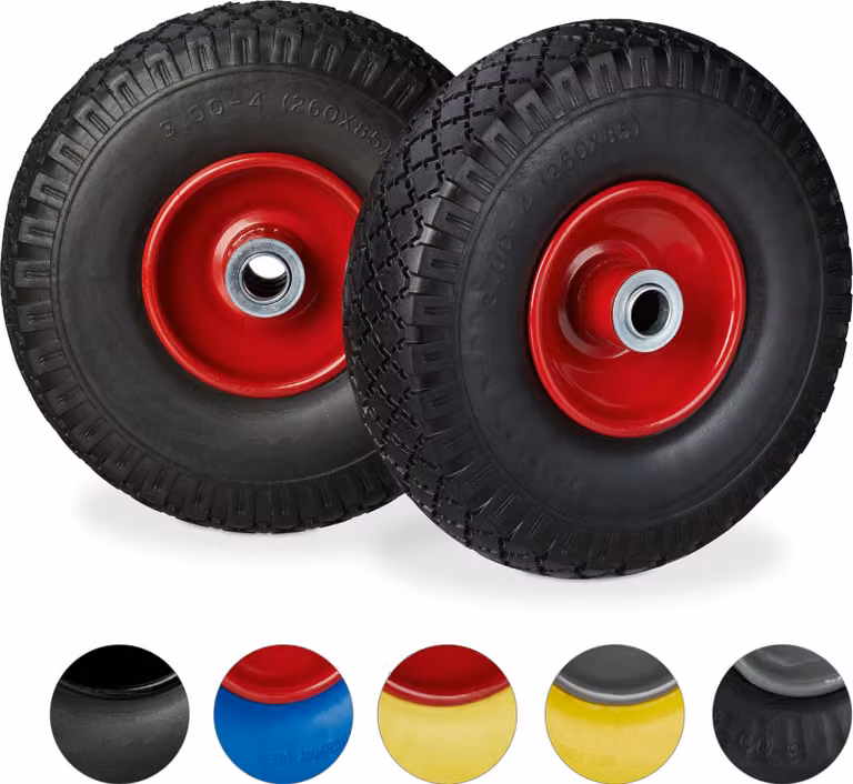 8 ruote per carrello a mano, pneumatici in gomma piena anti-foratura, cerchio in acciaio 3.00-4", asse da 20 mm, portata 100 kg, ruota di scorta 260x85 mm, nero-rosso