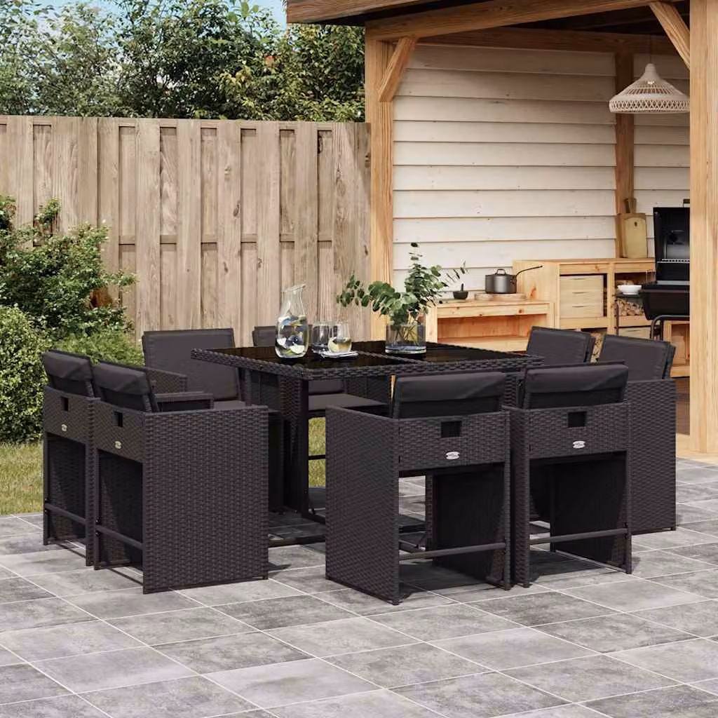 Set da pranzo da giardino vidaXL in polyrattan nero con cuscini e tavolo in vetro per terrazzo e giardino, 9 pezzi – 1