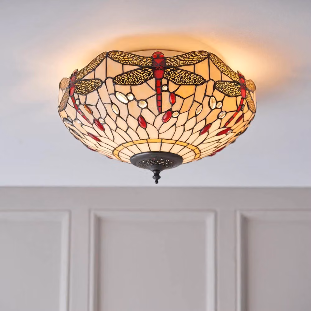 Plafoniera Tiffany in vetro stile Art Nouveau con decoro Libellule, colori beige, rosso e marrone, diametro: 41 cm – 2