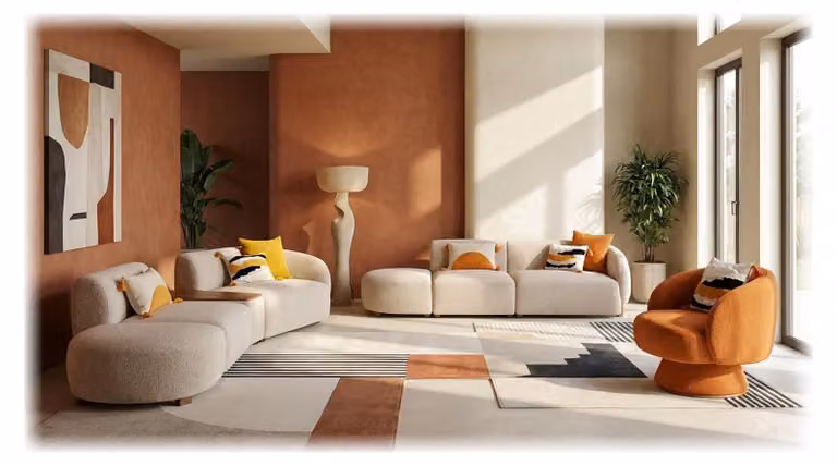 Set per soggiorno color beige, composto da: 4 divani a 4 posti, 4 divani a 1 posto (poltrone) e 1 divano grande. Arredamento per soggiorno