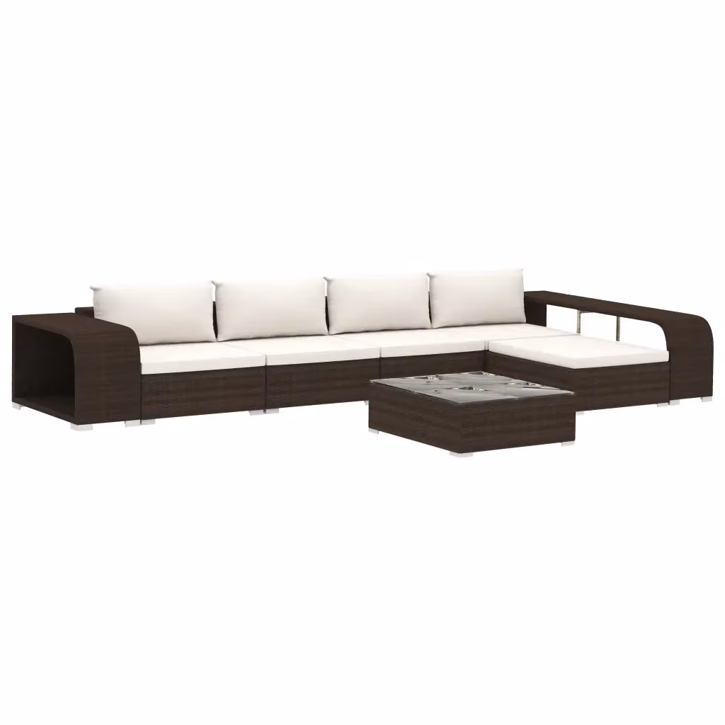 Set da giardino vidaXL composto da 8 pezzi con divani a L, tavolino da caffè, pouf e cuscini in polyrattan marrone e bianco con struttura in acciaio verniciato a polvere – 2