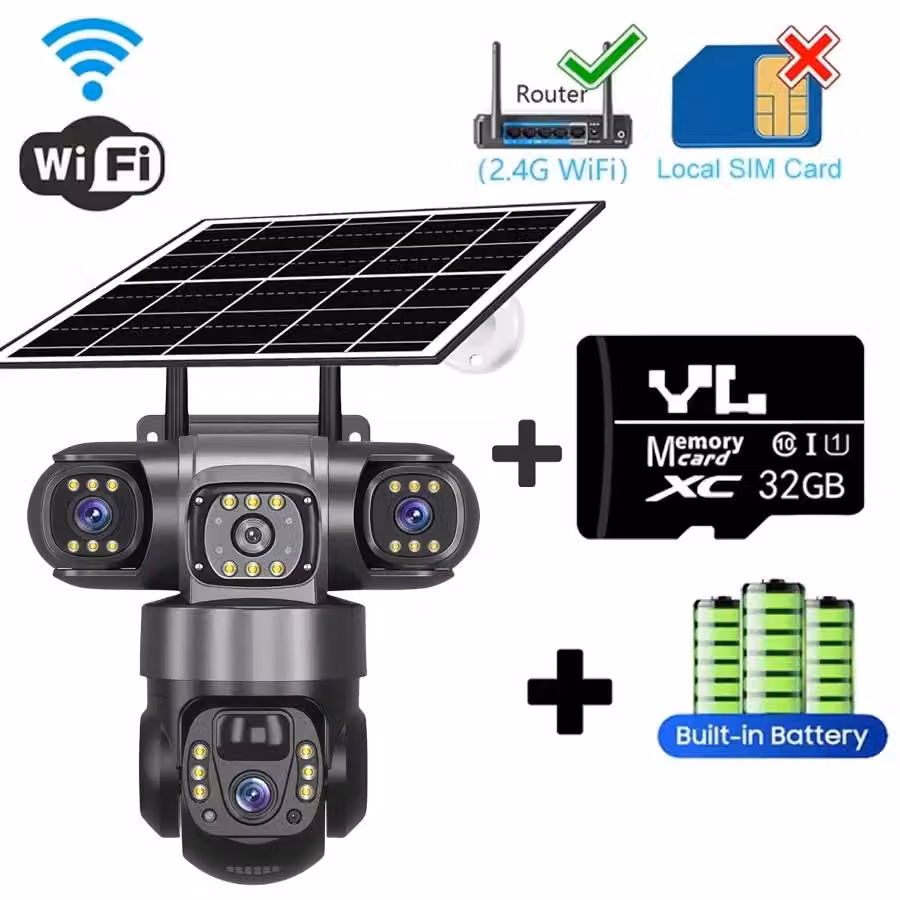 Telecamera di sorveglianza solare - Telecamera Wi-Fi senza scheda di memoria - 15 MP - Obiettivo triplo - Grado di protezione IP66 - Visione notturna a colori - Zoom digitale 10x - Adatta per ambienti esterni