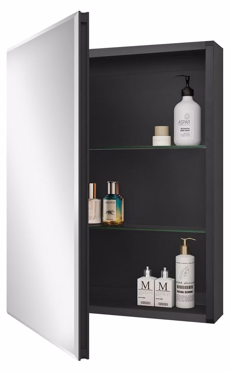 Mobiletto da bagno con specchio, 50,8 x 66 cm, nero, alluminio, 2 ripiani regolabili