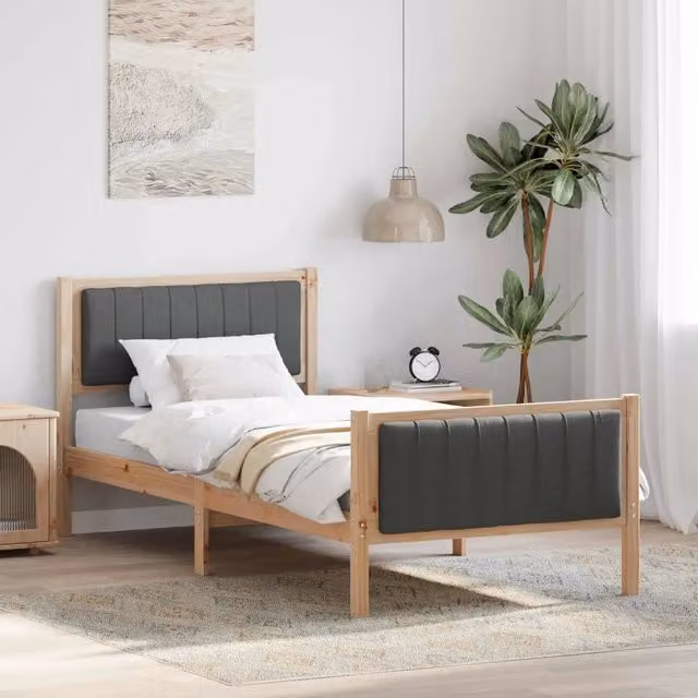 Struttura letto con giroletto in legno di pino e tessuto, marrone e grigio scuro, L/P/H: 90 x 200 cm – 1