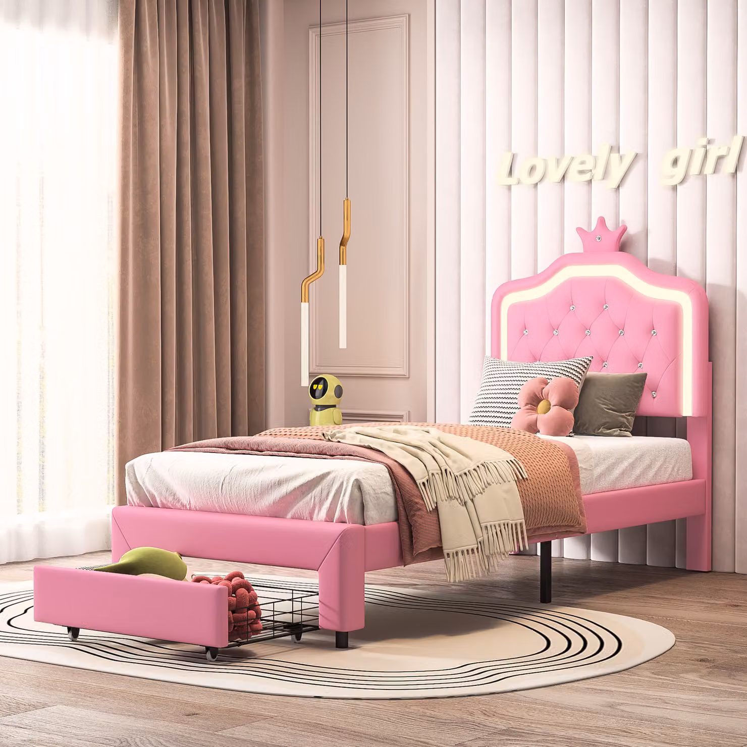 Letto imbottito 90x200cm, letto per bambini con cassetti, letto per ragazzi con rete a doghe, letto singolo in legno con LED, PU, rosa