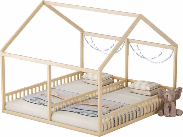 Letto Casetta per Bambini in Legno di Pino con Sponde di Sicurezza e Sponda Centrale, Colore Naturale, L/P/H: 90 x 200 x 187 cm