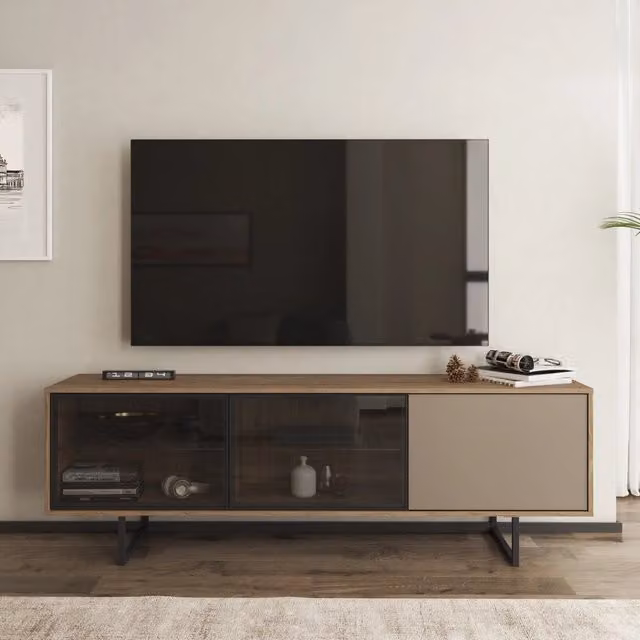 Mobile porta TV Serrata DMORA con 3 ripiani in legno e vetro, Marrone, L: 185 cm, P: 40 cm, H: 60 cm – 1