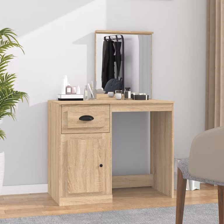 The Living Store Comodino con specchio in rovere Sonoma 90x50x132,5 cm