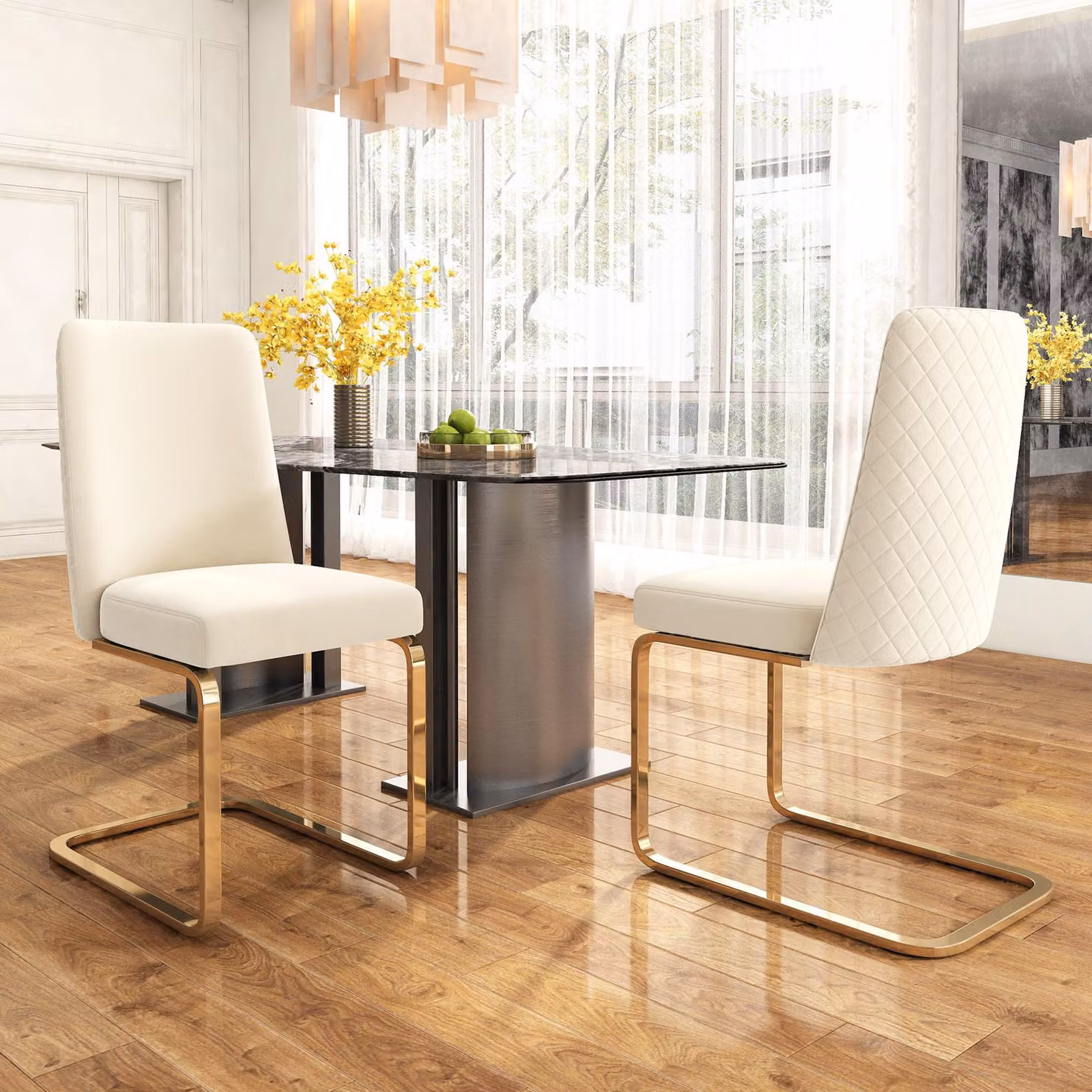 Sedia da pranzo in velluto Sweiko, set di 2, lussuosa, per soggiorno, camera da letto, poltrona lounge, design dello schienale a diamante, con gambe di supporto in metallo color oro, beige