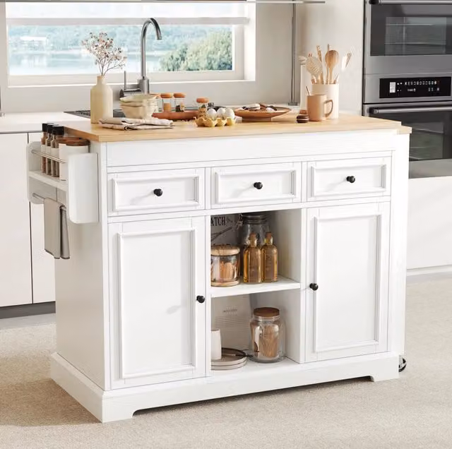 Isola cucina mobile bianca con tavolo estraibile, ripiani, cassetti e ruote, 112-188x45x92 cm