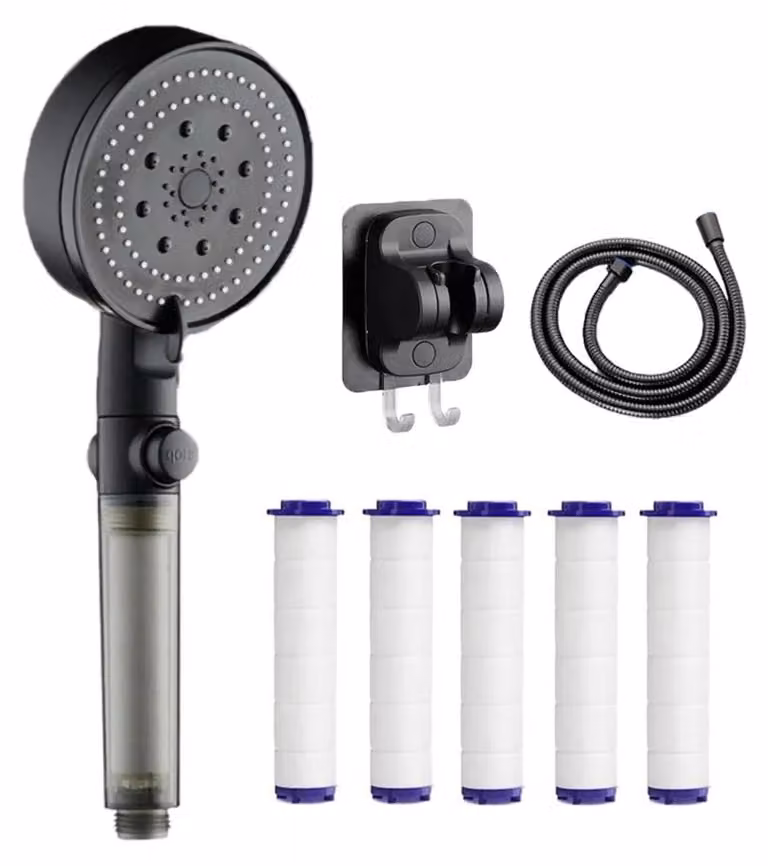 Set doccia nero - Doccetta manuale - 5 funzioni - Alta pressione - Risparmio idrico - Filtro integrato - Interruttore on/off - Tubo flessibile da 1,5 m con supporto