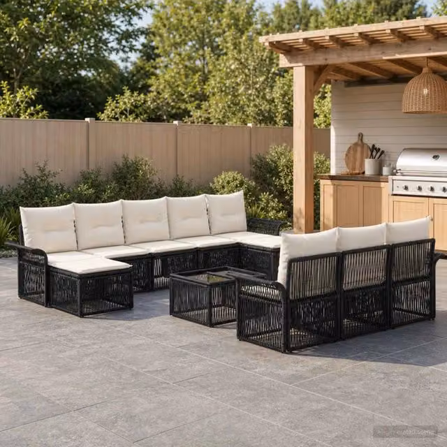 Set Divano da Giardino vidaXL 11 Pezzi a Forma di U con Cuscini Nero – 1