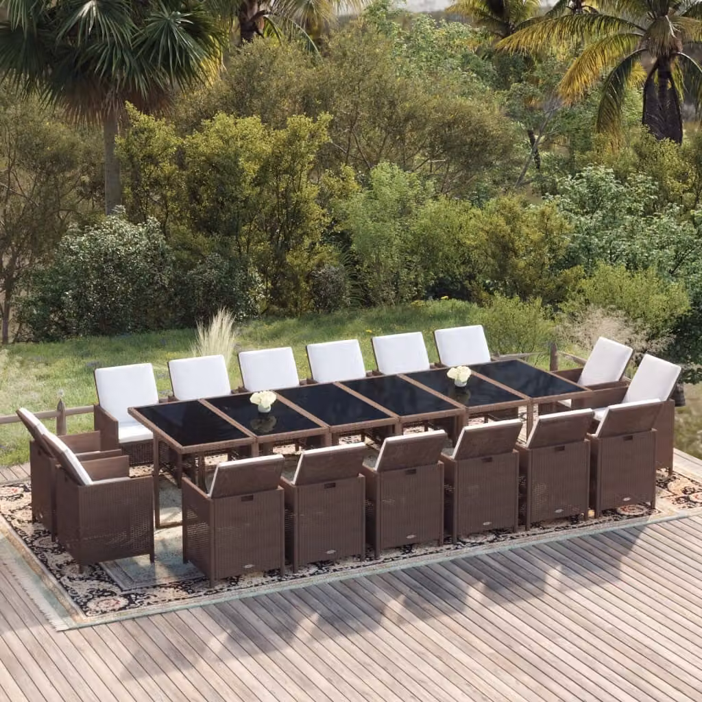 The Living Store Set da pranzo da giardino da 17 pezzi con cuscini in poly rattan marrone